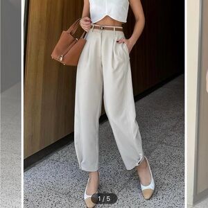 Commense Cream Wide-Leg Trousers with Paper-Bag Waist